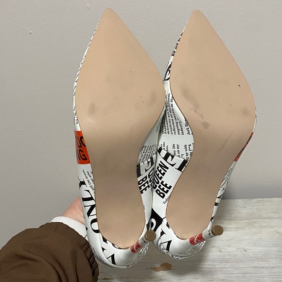 Steve Madden Newspaper Print Heels - White, Pink, and Red - Picture 4 of 4